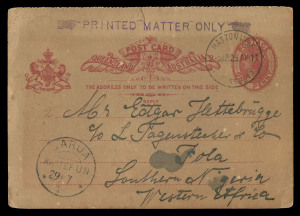 QUEENSLAND - Postal Stationery : POSTAL CARDS: (H&G #7) Range of 1891 Types 'A' to 'G' 1d Reply Postal Cards including postally used (15) including 1897 (May 11) to Sydney with weak strike of Type 3c DOWNFALL CREEK departure datestamp (rated 4R), 1903 uprated from Rockhampton to Presteigne, Radnorshire, England, 1911 (Apr.25) use of Reply Half to remote Tola in Southern Nigeria with GARUA (Cameroons) transit datestamp and a Type 5a HATTON VALE departure datestamp (rated 4R); other destinations i