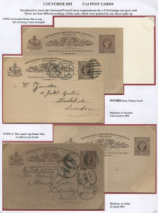 QUEENSLAND - Postal Stationery : POSTAL CARDS: (H&G #8) 1891 UPU 1½d Reply Postal Card selection, representing the 4 different die settings recorded by Collas, comprising mint (4), and used (7) with 1899 Thursday Island to Japan, plus other destinations including Argentina, India, Netherlands, Russia & Sweden; condition a little variable, mostly fine. (11)
