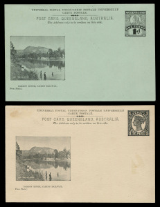 QUEENSLAND - Postal Stationery : POSTAL CARDS (VIEWS): 1898 1d 'Jubilee Portrait' Post Card Essay Proof on green stock with stamp in the design of the issued ½d adhesive but with Jubilee dates '1837' & '1897' included in the lower corners, the view captioned 'Barron River, Cairns Railway' with 'View from the Barron' on the negative, accompanied by unused copy of the issued 1d Four Corners card. Unique. Ex R. A. Butler. (2 items)