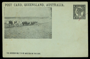 QUEENSLAND - Postal Stationery : POSTAL CARDS (VIEWS): 1898 1d Four Corners Post Card Essay Proof on thick green stock (pen line through stamp), uncaptioned image of 'Bullock-ploughing, Darling Downs'; accompanied by the issued Medallion Portrait 1½d denomination showing the same image (captioned), unused, and used in 1899 from Brisbane to Denmark. (3)