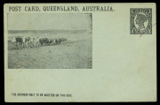 QUEENSLAND - Postal Stationery : POSTAL CARDS (VIEWS): 1898 1d Four Corners Post Card Essay Proof on thick green stock (pen line through stamp), uncaptioned image of 'Bullock-ploughing, Darling Downs'; accompanied by the issued Medallion Portrait 1½d deno