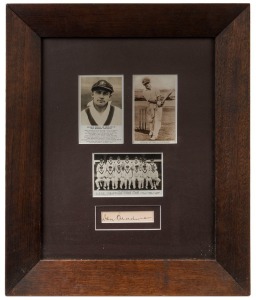 DON BRADMAN, display with strong ink signature on piece, window mounted with 3 original postcards - "Records Broken or Equalled by Don Bradman", "Australia Test Team - D.J.(Don) Bradman" & "The Australian Test Team, 1930", framed & glazed in period oak timber frame, overall 57 x 46cm.