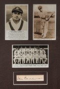 DON BRADMAN, display with strong ink signature on piece, window mounted with 3 original postcards - "Records Broken or Equalled by Don Bradman", "Australia Test Team - D.J.(Don) Bradman" & "The Australian Test Team, 1930", framed & glazed in period oak ti - 2