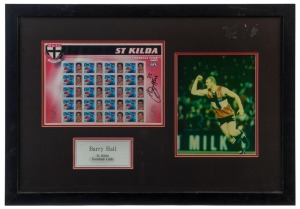 ST KILDA - BARRY HALL: display featuring philatelic stamp sheetlet of 20 stamps each stamp featuring a different St Kilda team member, SIGNED BY HALL, plus an action photo of Hall in his St Kilda team jersey; framed & glazed, overall 49x70cm. Australian Sports Management CofA (2001)