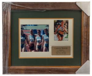 2000 SYDNEY OLYMPICS - LAUREN HEWITT: display featuring colour photograph of Hewitt as part of Australia's 4x100m Sprint Team, plus a SIGNED photograph of Hewitt competing in the 100m at the 1999 World Championships held at Sevilla; framed & glazed, overa