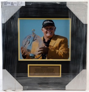 PETER SENIOR: display featuring SIGNED colour photo of Senior after his sensational 2015 Australian Masters win at Huntingdale, becoming the oldest winner of the coveted trophy; framed & glazed, overall 42x40cm.