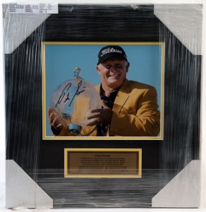 PETER SENIOR: display featuring SIGNED colour photo of Senior after his sensational 2015 Australian Masters win at Huntingdale, becoming the oldest winner of the coveted trophy; framed & glazed, overall 42x40cm.
