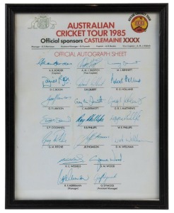 1985 AUSTRALIAN CRICKET TOUR: official team sheet, sponsored by Castlemaine XXXX, with 19 signatures including Allan Border, Jeff Thomson,  David Boon, Geoff Lawson & Craig McDermott; framed & glazed, overall 30x24cm. 