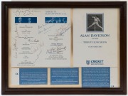 ALAN DAVIDSON: display featuring 2003 Tribute Luncheon invitation card with nine signatures including Davidson, Richie Benaud, Bill Brown, Sam Loxton, Neil Harvey & Kerry O'Keefe; framed & glazed, overall 31x42cm.