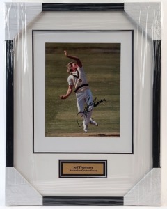 JEFF THOMSON: display featuring SIGNED colour action photo of Thomson in his delivery stride (25x20cm); attractively framed & glazed, overall 53x41cm. Icons of Sport CofA (2021).