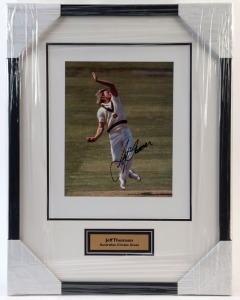 JEFF THOMSON: display featuring SIGNED colour action photo of Thomson in his delivery stride (25x20cm); attractively framed & glazed, overall 53x41cm. Icons of Sport CofA (2021).