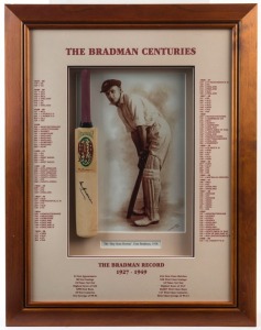 DON BRADMAN: "The Bradman Centuries" window display comprising a miniature bat SIGNED BY BRADMAN, set against a print of Sydney Riley's celebrated portrait photograph of "The Don", the surrounds showing a chronological listing of all his first class & test match centuries; framed & glazed, overall 56x72cm.