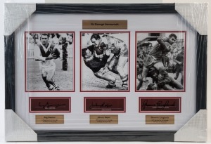 ST GEORGE ILLAWARRA: "St George Immortals" display featuring mounted triptych of images (each 18x14cm) comprising Reg Gasnier, Johnny Raper & Graeme Langlands, the player's signatures beneath each image; framed & glazed, overall 43x62cm. Icons of Sport CofA (2022)