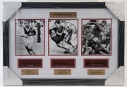 ST GEORGE ILLAWARRA: "St George Immortals" display featuring mounted triptych of images (each 18x14cm) comprising Reg Gasnier, Johnny Raper & Graeme Langlands, the player's signatures beneath each image; framed & glazed, overall 43x62cm. Icons of Sport Co