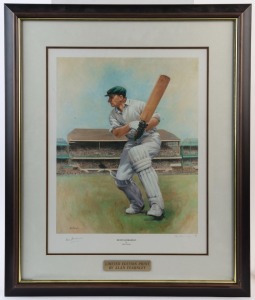 DON BRADMAN:: "Sir Don Bradman" limited edition mounted print by Alan Fearnley, showing Bradman wearing his Australian cap with MCG in background, signed by Bradman & the artist, limited edition numbered #662 of 850; framed & glazed, overall 55x68cm.
