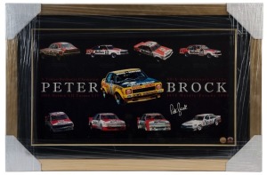 PETER BROCK: 40th Anniversary of the '1975 Hardie-Ferodo 1000' print, licensed by the Peter Brock Estate, showing each of his 9 'Bathurst 1000' winning cards, printed signature; framed & glazed, overall 47x72cm.