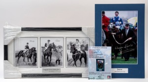 'LEGENDS OF THE GOLDEN ERA - PHAR LAP, TULLOCH & KINGSTON TOWN': window mounted display with triptych of images, the latter image of Kingston Town signed by jockey Malcolm Johnston; framed & glazed, overall 30x54cm: also mounted colour image of 1994 Melbourne Cup winner 'Jeune', signed by winning jockey Wayne Harris; both items with CofAs.(2 items)