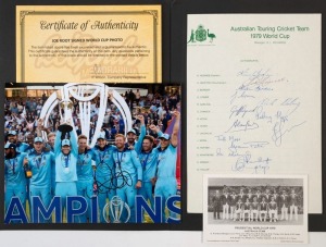 1979 AUSTRALIAN TOURING TEAM 1979 WORLD CUP: official team sheet with 14 signatures including Kim Hughes (Capt.), Andrew Hilditch, Allan Border, Rodney Hogg & Graham Yallop, also photograph (20x25cm) of England's victorious 2019 World Cup cricket team, signed by Joe Root (with CofA), plus a postcard showing Australia's 1979 'Prudential' World Cup team. (3 items)