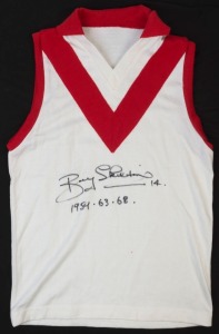 SOUTH MELBOURNE/SYDNEY SWANS: heritage woollen guernsey, signed "Bobby Skilton 1959. 63. 68", those being his Brownlow medallist years. 