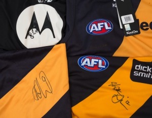 RICHMOND: KooGa guernsey (size XL) signed by Kevin Bartlett, KooGa guernsey (size L) for 2017 (premiership year) signed by Trent Cotchin, Reebok guernsey (size M) for player #7 (Nathan Brown), signed by Brown on reverse and by Matthew Richardson on the front, plus a Reebok training t-shirt signed by Ben Cousins (4 items)