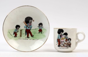 A Golliwog Family cup and saucer set, circa 1940s; the cup shows the family collecting their bats, and the saucer depicts them playing cricket in the yard. Believed to be by Grimwades; saucer 13.5cm diameter; cup 7cm tall. (2 items).