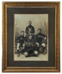 FITZROY BICYCLE CLUB PREMIER ROAD RACING TEAM 1904-05: large format silver gelatin photograph (57 x 41cm) laid down on card and displayed in a contemporary frame, overall 87 x 72cm. The team members are identified on a label affixed verso.