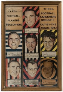 1953 ARGUS "FOOTBALL PORTRAITS": display comprising seven cards from the series including Ken Hands (Carlton) & Neil Trezise (Geelong), these cards formed part of a set of 72 large-sized cards (each 11x19cm), cards in mixed condition; framed & glazed (glass broken), overall 61x41cm.
