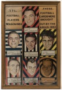 1953 ARGUS "FOOTBALL PORTRAITS":&nbsp; display comprising seven cards from the series including Ken Hands (Carlton) & Neil Trezise (Geelong), these cards formed&nbsp;part of a set of 72 large-sized cards (each 11x19cm), cards&nbsp;in mixed condition; framed & glazed (gl
