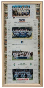 AUSTRALIAN TEAM PHOTO DISPLAY: featuring teams photos (with facsimile signatures) for 1996 World Cup, 1999 Tour of Sri Lanka & Zimbabwe, 1999-2000 Test Series (against India) and 2004-05 Test Series (against New Zealand); framed & glazed, overall 80x39cm,