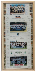 AUSTRALIAN TEAM PHOTO DISPLAY: featuring teams photos (with facsimile signatures) for 1996 World Cup, 1999 Tour of Sri Lanka & Zimbabwe, 1999-2000 Test Series (against India) and 2004-05 Test Series (against New Zealand); framed & glazed, overall 80x39cm,