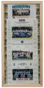 AUSTRALIAN TEAM PHOTO DISPLAY: featuring teams photos (with facsimile signatures) for 1996 World Cup, 1999 Tour of Sri Lanka & Zimbabwe, 1999-2000 Test Series (against India) and 2004-05 Test Series (against New Zealand); framed & glazed, overall 80x39cm,