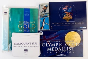 OLYMPICS SELECTION: with AOC POSTER CARDS: Herald Sun poster cards produced to celebrate Australia's 1896-2000 Olympic participation, total of 24 cards (+ album) , Sydney 2000 Gold Medallists philatelic sheetlets in album (+ a couple of Winter Olympics sheets), face value of stamps $85, Herald Sun 'Sydney 2000' medallion collection (complete) plus a bundle of 'Intrepid' 1996 Olympics swap cards (96); generally VG condition. (qty)