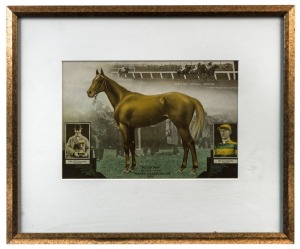 PETER PAN: contemporary coloured print by 'Osboldstone & Co.' showing Peter Pan, the finish of the 1932 Melbourne Cup, the jockey, W. Duncan and the owner, R.R. Dangar; attractively framed & glazed, overall 37 x 45cm.