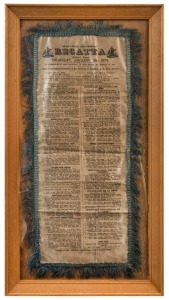 "THIRTY-FIFTH ANNIVERSARY REGATTA, HOBART TOWN, Thursday, January 28, 1875. To Commemorate the discovery of this island by Tasman in 1642." beautiful fringed silk souvenir programme with details of all the races, entrants, prize monies and officials. "Printed at the Mercury Steam Press Office, Hobart Town". Attractively framed & glazed; overall 60 x 33cm.