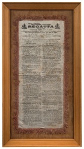 "FORTY-SECOND ANNIVERSARY REGATTA, HOBART TOWN, Tuesday, January 27, 1880. To Commemorate the discovery of this island by Tasman in 1642." beautiful fringed silk souvenir programme with details of all the races, entrants, prize monies and officials. "Printed at the Mercury Office, Hobart Town". Attractively framed & glazed; overall 60 x 33cm.