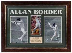 ALLAN BORDER: Career tribute display showing three action images of the former Australian Captain batting, the central colour image SIGNED BY BORDER; framed & glazed, overall 58x79cm.