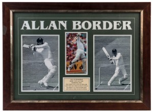 ALLAN BORDER: Career tribute display showing three action images of the former Australian Captain batting, the central colour image SIGNED BY BORDER; framed & glazed, overall 58x79cm.