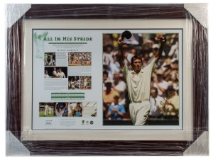 GLENN McGRATH: Career tribute "All in his Stride Display" being a limited edition print numbered #127 of 358, featuring Test Career statistics and a large colour image of the cricketer, boldly SIGNED BY MCGRATH in gold marker pen; attractively framed & glazed, overall 61x81cm.