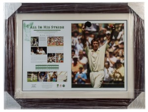 GLENN McGRATH: Career tribute "All in his Stride Display" being a limited edition print numbered #127 of 358, featuring Test Career statistics and a large colour image of the cricketer, boldly SIGNED BY MCGRATH in gold marker pen; attractively framed & gl