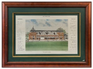 THE ASHES 1989 - THE LORD'S PAVILION: print of David Gentleman's 1986 watercolour, signed in the borders by both competing teams in the 1989 Ashes Series including Allan Border, Steve Waugh, Ian Healy, David Gower, Mike Gatting & Allan Lamb; framed & glazed, overall 64x85cm.