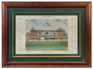 THE ASHES 1989 - THE LORD'S PAVILION: print of David Gentleman's 1986 watercolour, signed in the borders by both competing teams in the 1989 Ashes Series including Allan Border, Steve Waugh, Ian Healy, David Gower, Mike Gatting & Allan Lamb; framed & glaz