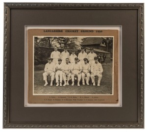 1930 AUSTRALIAN TEST TEAM: team photograph (20x27cm) with printed title "LANCASHIRE CRICKET GROUND 1930", with player's names printed on the mount beneath, including Don Bradman, Bill Woodfull, Clarrie Grimmett & Alan Kippax; attractively framed & glazed,