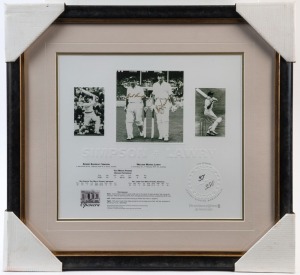 "THE OPENERS": Bob Simpson & Bill Lawry print, signed in gold pen by both players, numbered 37/350, window mounted, framed & glazed, with CofA, overall 44x42cm.