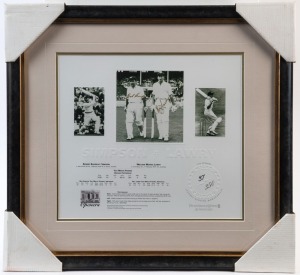 "THE OPENERS": Bob Simpson & Bill Lawry print, signed in gold pen by both players, numbered 37/350, window mounted, framed & glazed, with CofA, overall 44x42cm.