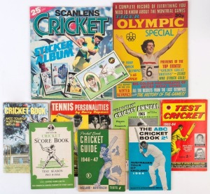 CRICKET BOOKS/GUIDES: comprising 'Pocket Book Cricket Guide 1946-47', Associated Publishers 'Test Cricket 1963-64 - South Africa-Australia Test Series', ABC Cricket Books 1964 'Australian Tour of England' & 1970-71 'MCC Tour of Australia' (staining), 1965 'Flagstaff Cricket Annual', C.B.C Savings Bank 'Souvenir Cricket Score Book - Test Season, 1965-66' (scores neatly filled in), Scanlens Cricket Sticker Album No. 2 (c.1984, almost complete) and a Don Bradman postcard;