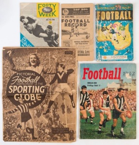 1940-65 Assortment of football guides, the best likely 1940 (Jun.26) pictorial Sporting Globe supplement (torn in places, but very scarce) with Brownlow medallists Dick Reynolds & Marcus Whelan on the front cover; also 1951 1st Semi-Final Football Record (Essendon-Footscray), 1962 'Football - Herald-Sun Privilege Book', 1962 edition of 'Australian Rules Football' & 1964 (Aug.14) issue of 'Footy Week'; mixed condition (5)