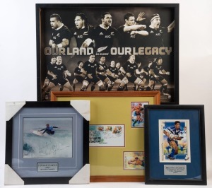 SIGNED DISPLAYS: with RUGBY LEAGUE: Braith Anasta signature on action image; RUGBY UNION: John Eales signature on philatelic cover forming part of a larger display; SURFING: Stephanie Gilmour action image, signed "Have fun! Steph Gilmour"; all are framed 