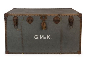 GRAHAM MCKENZIE COLLECTION - 1961 ASHES TOUR OF ENGLAND: Graham McKenzie's trunk used on the 1961 Tour of England named 'G.McK'; length 100cm, width 60cm, depth 54cm.