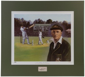 "Sir Donald Bradman : First Test Century" by Dave Thomas (2003), full colour reproduction, attractively mounted, with original Don Bradman signature on a card below the image; overall 72 x 80cm. Bradman's first Test Century was achieved during the second 