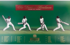 POSTERS: Limited edition "The Official Wisden Cricketer of the Century "Frame by Frame' Sir Donald Bradman print, numbered #1286 of 1500, 45x150cm, with CofA; also "Australian Test Cricketers 1876-77 to 1997-98" print showing an image and Test Match record of all 378 players to represent Australian in the period, 90x60cm; both items in very good condition. (2)